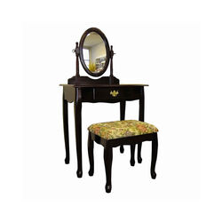 Wooden Vanity Set with Fabric Upholstered Seat,Cherry Brown and Yellow