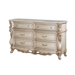 Carved Wooden Dresser with 6 Storage Drawers and Marble Top, Antique White