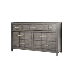 Wooden Dresser with 7 Drawers and Metal Pull, Gray and Silver