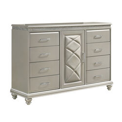 Wooden Dresser with Eight Spacious Drawers and One Door Shelf, Silver