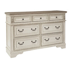 7 Drawer Wooden Molded Dresser with Bracket Feet, White and Brown