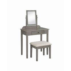 Wood and Fabric Vanity Set with Tilting Vertical Mirror, Gray and Beige