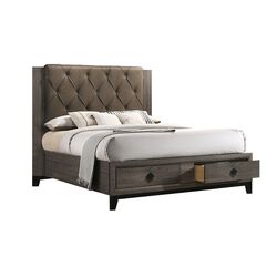 Wooden Eastern King Bed with Low Storage Footboard and Trim Base, Gray