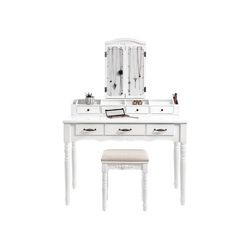 7 Drawers Wooden Vanity Set with Tri Fold Mirror and Padded Stool, White