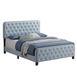 Fabric Upholstered Tufted Queen Bed with Nailhead Trim, Blue
