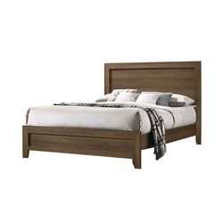 Wooden Queen Bed with Molded Trim Headboard and Chamfered Legs, Brown