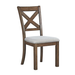 Wooden Dining Side Chair with Polyester Seat and X Back Support, Set of Two, Brown and Beige