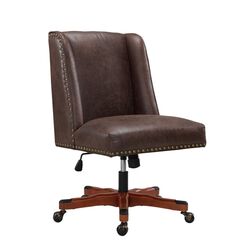 Nailhead Trim Leatherette Swivel Office Chair with Casters, Brown