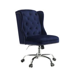 Velvet Upholstered Armless Swivel and Adjustable Tufted Office Chair, Blue
