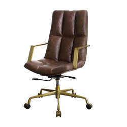 Tufted Leatherette Office Chair with Adjustable Height, Brown and Gold