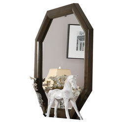 Octagonal Transitional Style Beveled Wooden Mirror, Brown and Silver