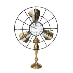 Metal Fan Style Table Clock with Pedestal Base, Large, Gold and Bronze