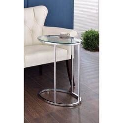 Stylish Oval Shaped Metal Snack Table With Glass Top, Silver