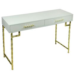 Wood and Metal Console Table with Bamboo Style Legs, White and Gold