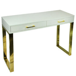 Rectangular Wood and Metal Console Table with 2 Drawers, White and Gold