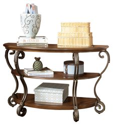 Wood and Metal Sofa Table with Acanthus Leaf Carvings, Brown and Bronze