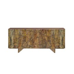 3 Door Wooden Console Table with Geometric Front Panels, Brown