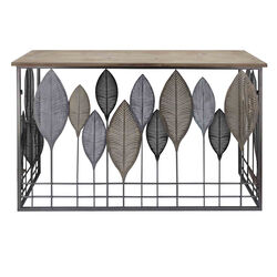 Wooden Top Console Table with Metal Leaf Embellishment, Brown and Gray