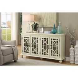 Transitional Wooden Accent Cabinet With Lattice Doors, White