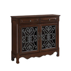 2 Drawer Wooden Console Table with 2 Metal Scrolled Front Doors, Brown