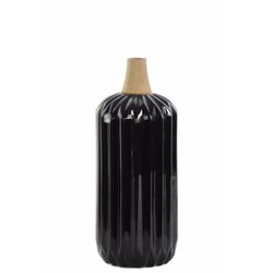 Cylindrical Moluccan Vase with Ribbed Design Body - Small - Black - Benzara