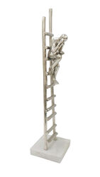 Man Sitting On Ladder Metal Figurine On Marble Base, Silver