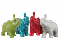 Standing Trumpeting Elephant Figurine In Ceramic, Assortment of 4, Multicolor