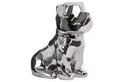 Geometrically Carved Sitting British Bulldog Figurine In Ceramic, Silver