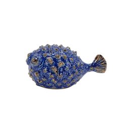 decorative Ceramic Puffer Fish Figurine with Spiked Accents, Gold and Blue