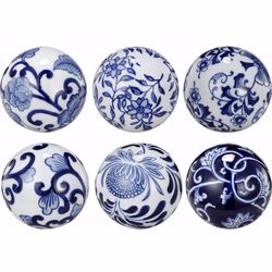Flashy CeramicDecorative Orbs, Blue and White, Set of 6