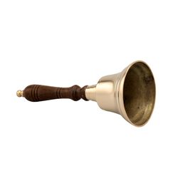 Handcrafted Brass Hand Bell With Wooden Handle, Gold and Brown