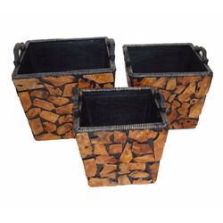 Set Of Three Wooden Planter, Brown And Black