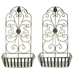 Metal WallDecor With Intricate Design and Wired Basket, Assortment of Two , Gray
