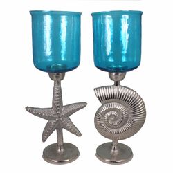 2 Piece Hammered Glass Candle Holder On Shell And Starfish Stand, Blue And Silver
