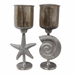 2 Piece Hammered Glass Candle Holder On Shell And Starfish Stand, Brown And Silver