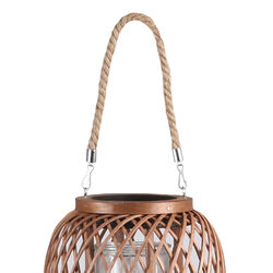 16.25 Inch Bellied Shape Lantern with Jute Handle and Lattice Design, Brown