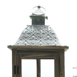 Wood and Glass Lanterns with Temple Design Top, Brown and Silver, Set of 2