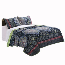 3 Piece King Size Quilt Set with Medallion Print, Dark Blue and Green