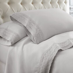 Udine 4 Piece Queen Size Microfiber Sheet Set with Crochet Lace The Urban Port, Gray