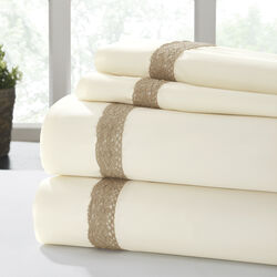 Pisa 4 Piece Sunshine Lace Hem Full Size Sheet Set The Urban Port, Cream and Brown