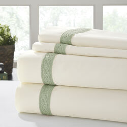 Pisa 4 Piece Daisy Lace Hem Queen Size Sheet Set The Urban Port, Cream and Green