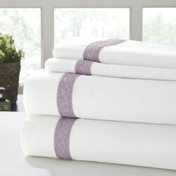 Pisa 4 Piece Daisy Lace Hem Queen Size Sheet Set The Urban Port, White and Purple