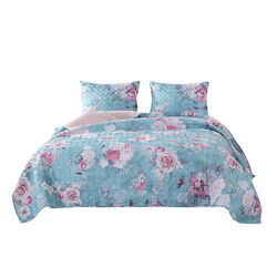 3 Piece Full Size Quilt Set with Floral Print, Blue and White