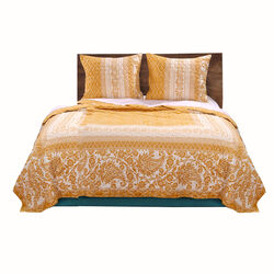 Fabric Queen Size Quilt Set with Paisley and Floral Motif, White and Orange - BM223384