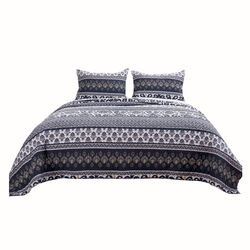 Fabric Reversible King Quilt Set with Ikat and Floral Motif, Blue and White - BM223391