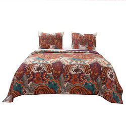 3 Piece Queen Size Cotton Quilt Set with Jacobean Print, Multicolor - BM223397