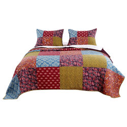 3 Piece Cotton Queen Size Quilt Set with Patchwork, Multicolor
