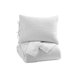 Fabric Queen Size Quilt Set with Stitched Grid Pattern and 2 Shams, White