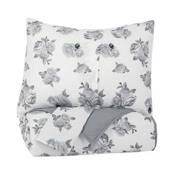 3 Piece Fabric Full Comforter Set with Floral Print, Gray and White