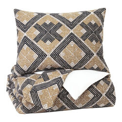 3 Piece Fabric King Comforter Set with Geometric Print, Black and Brown
